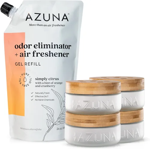 Azuna Ambientador y Eliminador de Olor para Malos Olores | Kit de 4 Habitaciones Incluye (4) Frasco de Vidrio Luxe Vacío y Recarga de Gel de 24oz