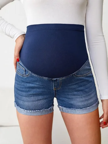 Miniatura 4 de Verdusa Pantalones cortos de mezclilla de maternidad para mujer, cintura alta, rasgados, dobladillo sin procesar, pantalones cortos de embarazo