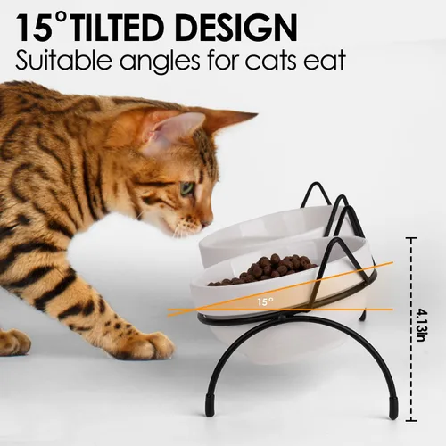 Miniatura 4 de Juego de cuencos de agua para alimentos para gatos, cuencos dobles de cerámica para mascotas con soporte elevado inclinado de 15°, estación