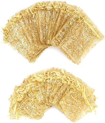 Staruby Bolsas de regalo de organza doradas con cordón de 50 unidades de 4x6 pulgadas y 50 unidades de 5x7 pulgadas, bolsas de malla para regalos
