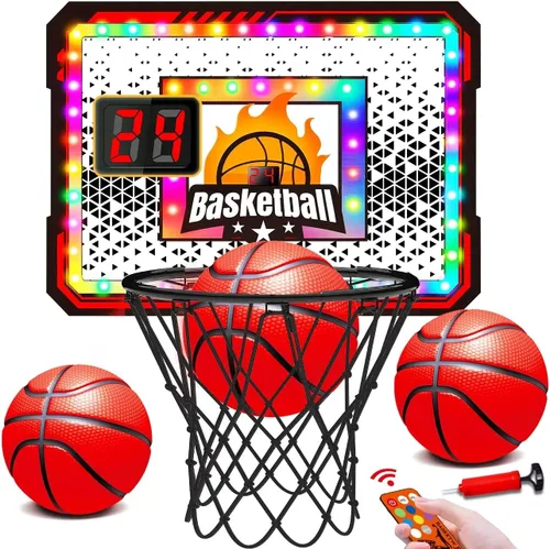 VATOS Aro de baloncesto para interiores para niños, aros de baloncesto iluminados con iluminación LED de 6 colores, control remoto, marcador y 3