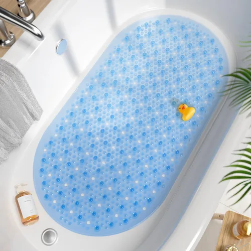 Miniatura 18 de HITSLAM Tapete antideslizante para bañera, 27 x 15 pulgadas, con ventosas y orificios de drenaje, lavable a máquina, ovalado, para niños, personas