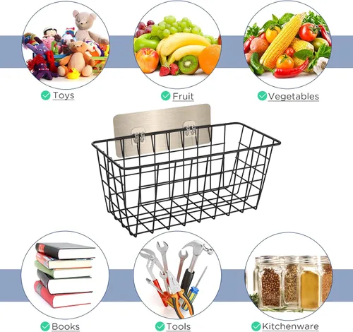 Miniatura 3 de Paquete de 4 cestas de almacenamiento de alambre para colgar en la pared, cesta adhesiva para organizador de puerta de armario
