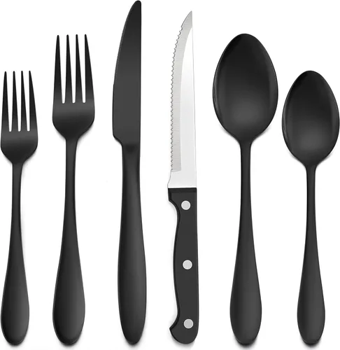 Miniatura 8 de LIANYU Juego de cubiertos de 24 piezas con cuchillos para carne, cubiertos de acero inoxidable para 4, tenedor, cuchara, cuchillo, utensilios