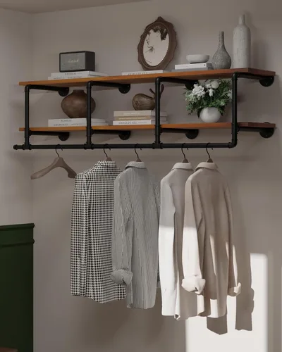 Miniatura 12 de Perchero montado en la pared de 12 pulgadas de profundidad, 42 pulgadas resistente con estante de madera de nogal real, barra de colgar multiusos