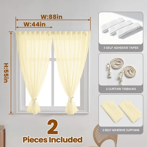 Miniatura 2 de Cortinas traslúcidas de gasa beige, autoadhesivas, con filtro de luz de privacidad, para el hogar, cortina portátil sin taladrar