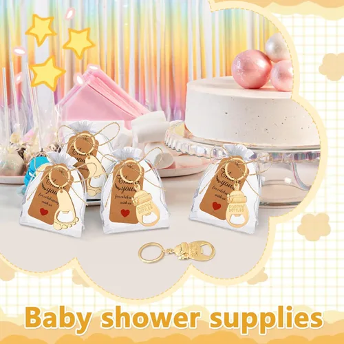 Miniatura 6 de 50 unidades de abrebotellas Keycahin de huella de bebé, llavero Poppin botellas de baby shower con tarjetas, carrito de bebé en forma de regalo