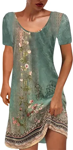 Vestido tipo camiseta de manga corta para mujer, estilo bohemio, étnico, floral, casual, suelto, minivestido tipo túnica