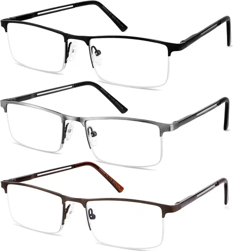 Miniatura 7 de Paquete de 3 gafas de lectura para hombre, bloqueo de luz azul, lectores rectangulares de metal semi sin montura para hombres, antifatiga Negro