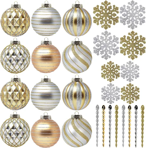Miniatura 2 de Paquete de 28 adornos de bolas de Navidad doradas y plateadas para decoraciones de árboles - Juego de bolas de plástico irrompibles, carámbanos