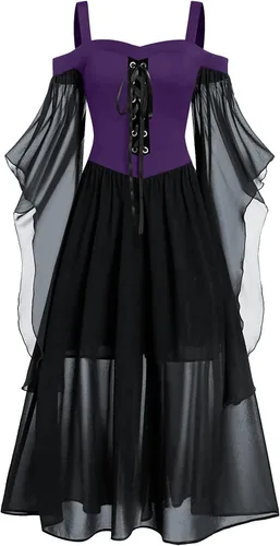 Miniatura 5 de Vestido gótico renacentista para mujer, disfraz de Halloween, hombros descubiertos, encaje y manga de trompeta, vestido medieval steampunk