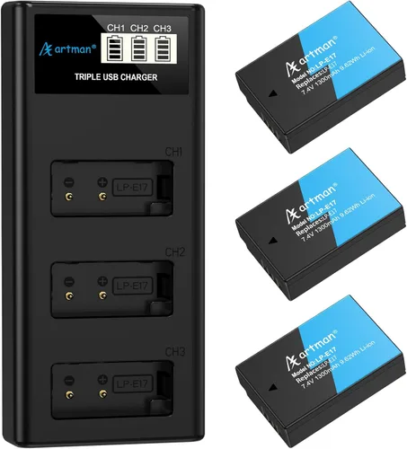 Artman LP-E17 - Paquete de 3 baterías de 1300 mAh y cargador LCD de 3 ranuras para Canon EOS R50 R8 R10 RP R100, Rebel T8i T7i T6i T6s SL2 SL3, EOS