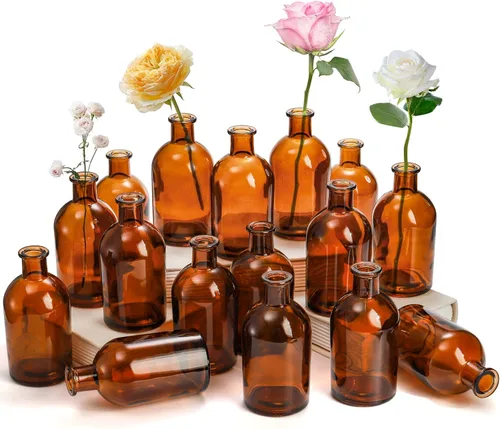 YOUEON Paquete de 16 jarrones de vidrio ámbar para brotes, jarrones pequeños para brotes a granel, jarrones de flores de vidrio para centros de