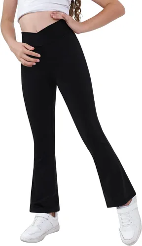 Pantalones de yoga para niñas, cintura cruzada, pierna ancha, pantalones acampanados de entrenamiento de cintura alta