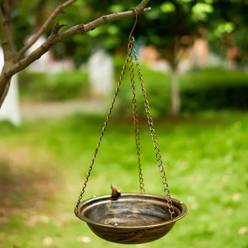 Miniatura 6 de Baños de pájaros colgantes de metal para exteriores, comedero de pájaros al aire libre, patio trasero, decoración de patio de jardín (dorado)