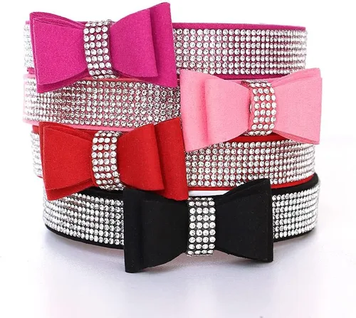 Miniatura 2 de Beirui Collar de piel con diamantes de imitación para perro y gato, con diamantes de cristal brillantes y tachuelas, bonito lazo doble para Rosa