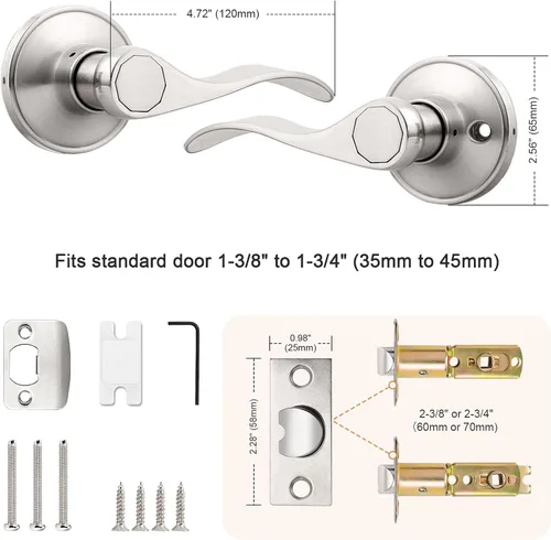 Miniatura 7 de Probrico - Paquete de 3 manijas de puerta de paso, asas de níquel satinado, sin llave, sin bloqueo, para puertas de interiores, pasillos y armario