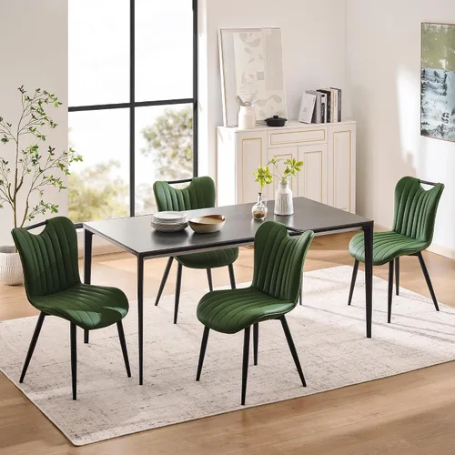 Miniatura 10 de Juego de 2 sillas de comedor tapizadas de cuero, modernas sillas de comedor de cocina de mediados de siglo con patas de metal negro, sillas