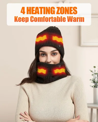 Miniatura 2 de Sombrero calefactable - Juego de bufanda y sombreros calefactores para hombres y mujeres, batería de 4000 mAh, 3 controles de temperatura
