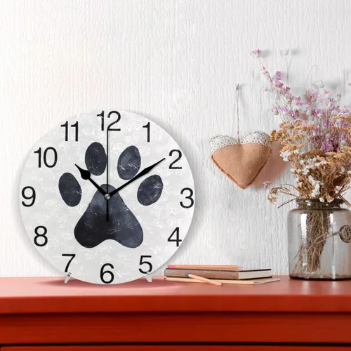 Miniatura 2 de senya Reloj de pared redondo con diseño de pata de perro negro, pintura al óleo silenciosa sin tictac, decorativo para el hogar, oficina, escuela
