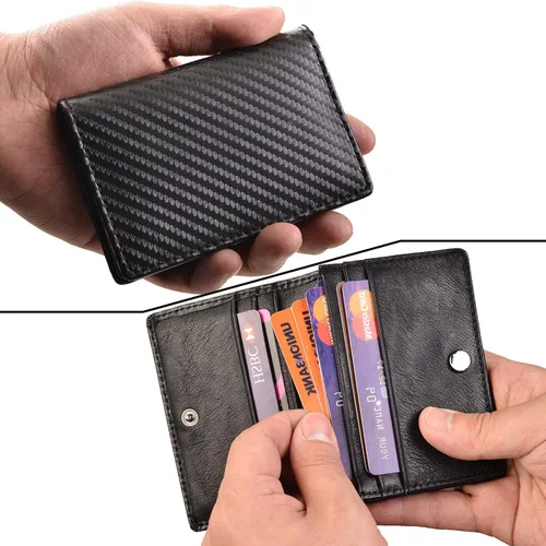 Miniatura 5 de RFID Cuero Genuino Bifold ID/Business Tarjeta de Crédito Caso Titular para Hombres Delgado Bolsillo Frontal Billetera Botón Negro