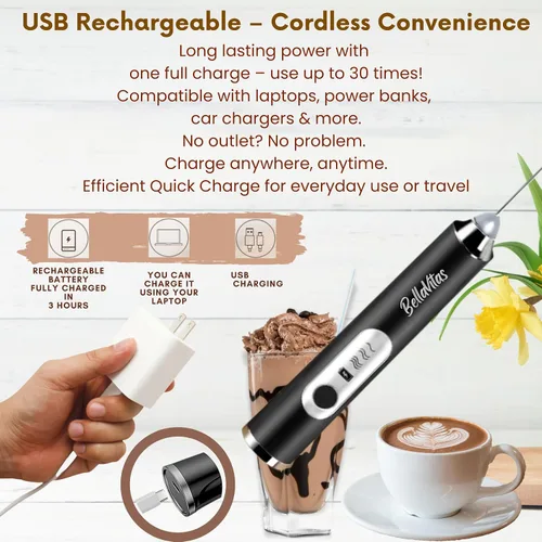 Miniatura 4 de Espumador de leche recargable de mano de 3 velocidades, espumador eléctrico de 3 velocidades, batidor de espuma, mezclador de bebidas con soporte, 2