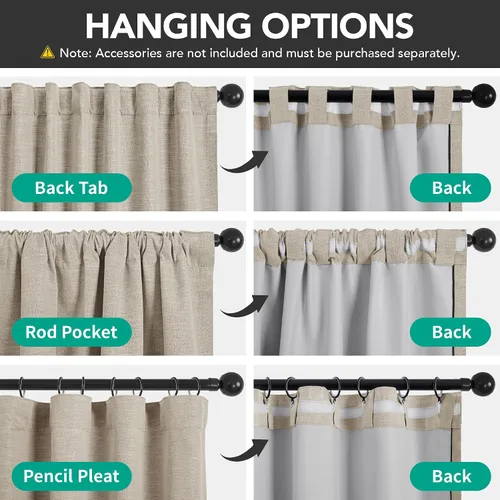 Miniatura 6 de Deconovo Cortinas de lino sintético 100% opacas con pestañas ocultas y cinta plisada, alzapaños incluidos, cortinas con aislamiento térmico