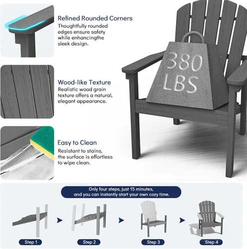 Miniatura 6 de nevilywood Sillas Adirondack compactas apilables, sillas de patio de polietileno de alta densidad de 26.3 pulgadas de ancho, duraderas, diseño que
