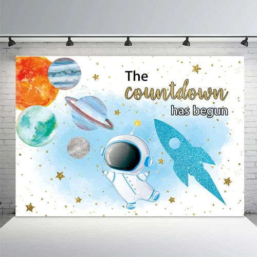 MEHOFOND Telón de fondo espacial para baby shower, astronauta azul, The Countdown Has Begun, telón de fondo del espacio exterior, suministros de