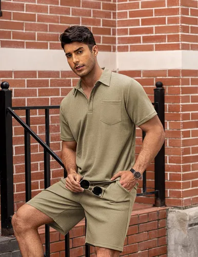 Miniatura 44 de COOFANDY Conjunto de camisa polo y pantalones cortos de punto gofre para hombre, conjunto de 2 piezas, traje de verano casual con bolsillos