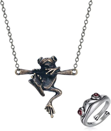 Juego de collares de rana para colgar en forma de árbol de plata, diseño de rana y animales retro, divertido, vintage, para mujeres y niñas, regalo
