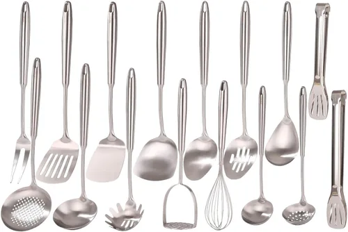 Juego de Utensilios de Cocina de Acero Inoxidable 18/10 - 16 PIEZAS Todos los Utensilios de Servir de Metal, Herramientas de Cocina - Batidor,
