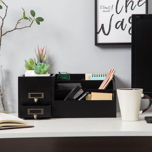 Miniatura 2 de Organizador de escritorio de madera rústica envejecida para oficina, estante de madera, organizador de mesa para el hogar, almacenamiento