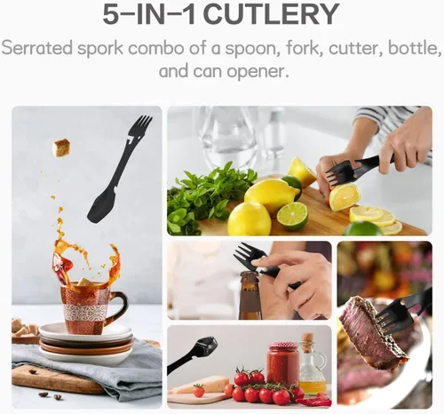 Miniatura 4 de Paquete de 2 cucharas de tenedor multifunción de acero inoxidable 5 en 1, tenedor y cuchillo, abrelatas y utensilios de campamento para picnic