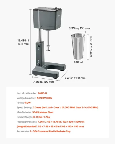 Miniatura 7 de VEVOR Batidora, máquina de batido de una sola cabeza de 150 W, altura ajustable, mezclador de bebidas de ajuste de doble velocidad con taza de acero