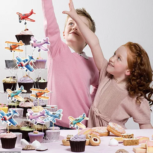 Miniatura 2 de 36 piezas de decoración para cupcakes de avión para niños, decoración para tartas de aviones, baby shower, fiesta de cumpleaños para combatientes