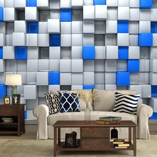 Miniatura 7 de FLFK Papel tapiz autoadhesivo 3D de bloques azules y blancos, murales de pared para despegar y pegar, póster grande para sala de estar, dormitorio