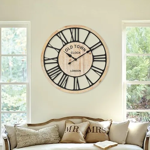 Miniatura 5 de EMAX HOME Reloj de pared grande – Reloj de pared decorativo de estilo rústico estilo granja, diseño de números romanos rústicos, reloj de pared