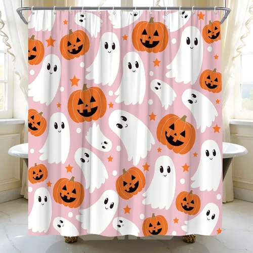 Miniatura 4 de Bonita cortina de ducha fantasma de Halloween, calabaza espeluznante, divertida tela de dibujos animados para decoración de baño, bañera con ganchos