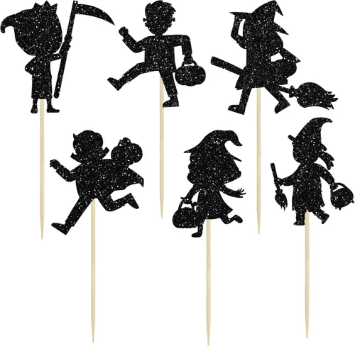 Miniatura 3 de Gyufise 24 adornos de Halloween para cupcakes con purpurina negra para dulce o truco de Halloween, decoraciones para baby shower, niños y niñas