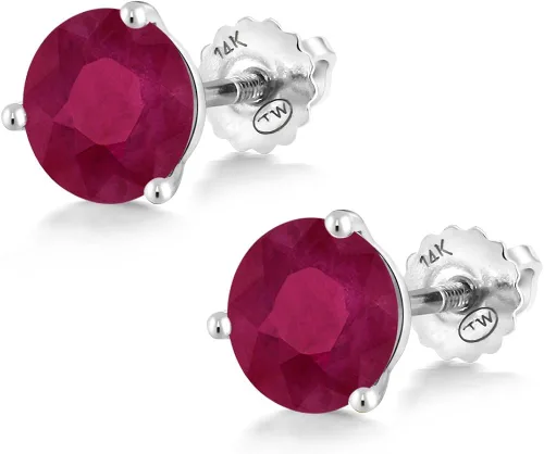 Miniatura 3 de Gem Stone King Aretes de tuerca de oro blanco de 14 quilates rubí rojo de 3 puntas Martini con rosca trasera para mujer 200 quilates redondos