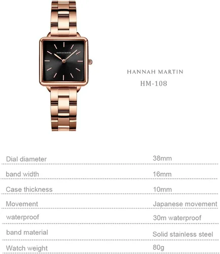 Miniatura 3 de Hanna Martin - Reloj cuadrado de acero inoxidable para mujer, movimiento japonés, pulsera de moda