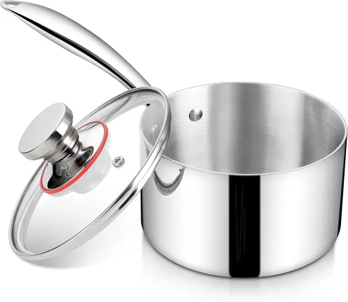 Homikit Cacerola de 2 cuartos de galón con tapa, sartén de acero inoxidable de tres capas de 2 cuartos con mango ergonómico, olla pequeña de fondo