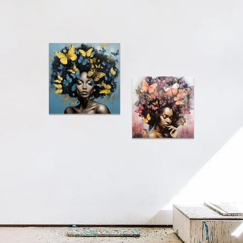 Miniatura 5 de CCWACPP Lienzo africano americano para pared, diseño de mujeres negras y azules y doradas, pintura de mariposas y mujeres africanas para decoración