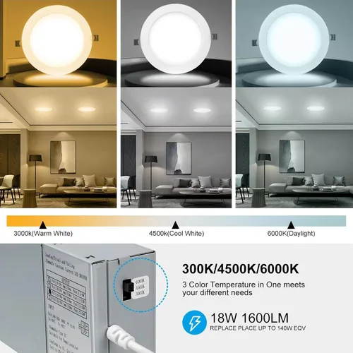 Miniatura 2 de Elaruslux Luz empotrada de 7 pulg 3CCT ultradelgada LED con caja de conexiones, 3000K/4500K/6000K seleccionables, 18W equivalen a 125W, luces