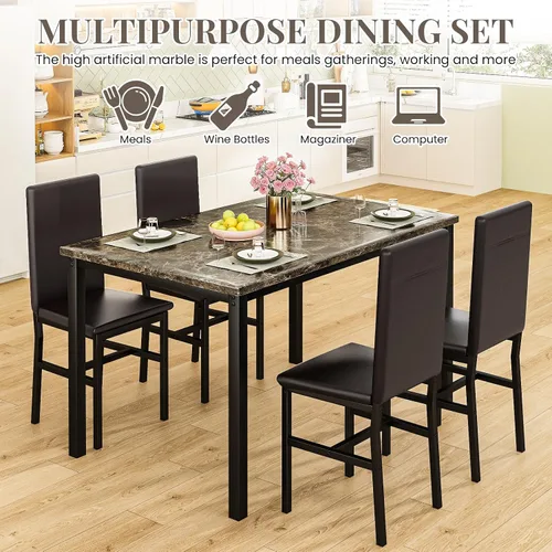 Miniatura 5 de Conjunto de mesa de comedor Lamerge para 4, mesa de mármol sintético y 4 sillas de cuero PU, mesa y sillas de cocina para 4, conjuntos modernos