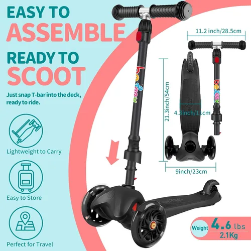 Miniatura 6 de BELEEV Patinete A1 para niños de 2 a 6 años, patinete de 3 ruedas para niños pequeños, niñas y niños, ruedas que se iluminan, altura ajustable