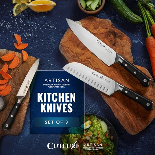 Miniatura 8 de Cutluxe Juego de cuchillos de chef, juego de 3 cuchillos de chef profesionales, acero alemán afilado, espiga completa, asas ergonómicas, serie