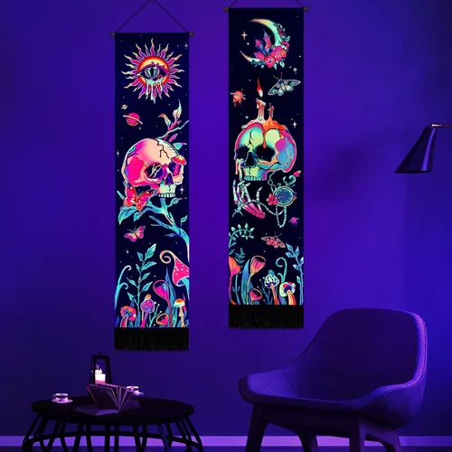 Leofanger Paquete de 2 tapices verticales de calavera negra con luz negra, tapiz de sol y luna, tapiz de flores de mariposa y mariposa negra, tapiz