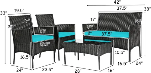 Miniatura 7 de Juego de muebles de patio de 4 piezas, juego de conversación al aire libre con respaldo ergonómico curvo, juego de sillas de patio con cojín Turquesa